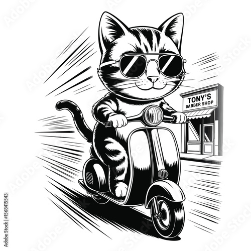 Black and white vector of a confident tabby cat riding a vintage scooter wearing aviator sunglasses in a playful retro street scene