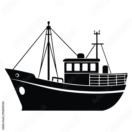 Black graphic silhouette of a classic fishing trawler boat fishing boat maritime