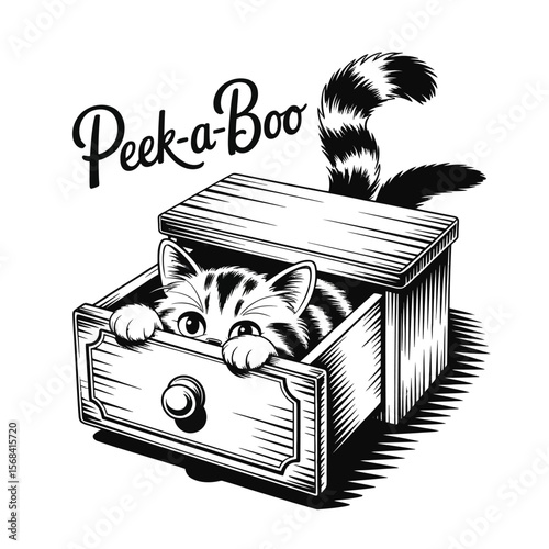 Black and white vector of a curious cat hiding in a vintage wooden drawer with playful text Peek-a-Boo and detailed tail stripes