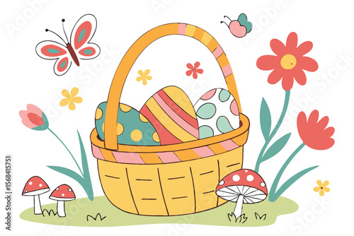 Happy Easter, cartoon Easter basket with eggs, flowers, mushrooms and butterflies, flat illustration, colorful vector art