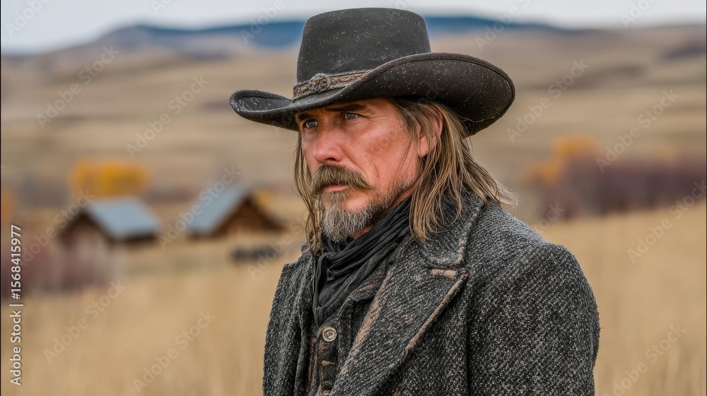 Determined pioneer in 19th-century attire, dawn prairie background with warm light and dust particles, rugged spirit for Pioneer Day Determined pioneer in 19th-century attire, dawn prairie background with warm light and dust particles, rugged spirit for Pioneer Day