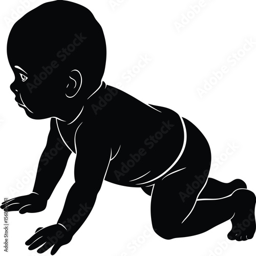 Black silhouette baby crawling forward playful white