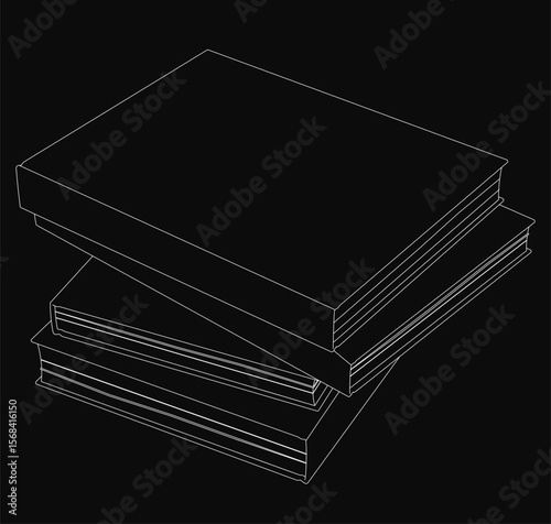 Four black books stacked neatly on a dark background, with the top book slightly tilted for visual interest. The stark contrast between the white pages and black covers creates a striking minimalist.