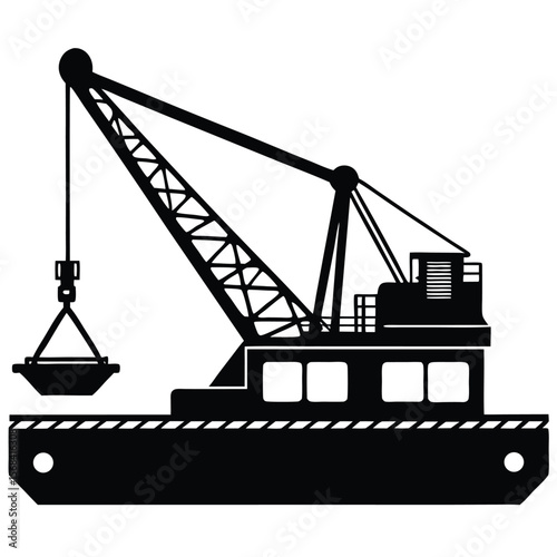 Black silhouette of a heavy duty crane on a floating platform barge industrial