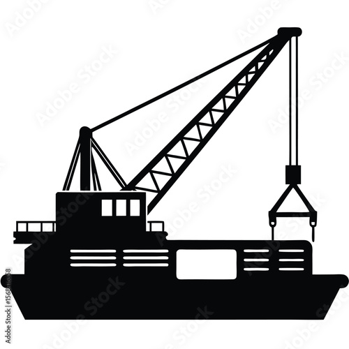 Black silhouette of a heavy duty crane vessel with lifting equipment barge maritime