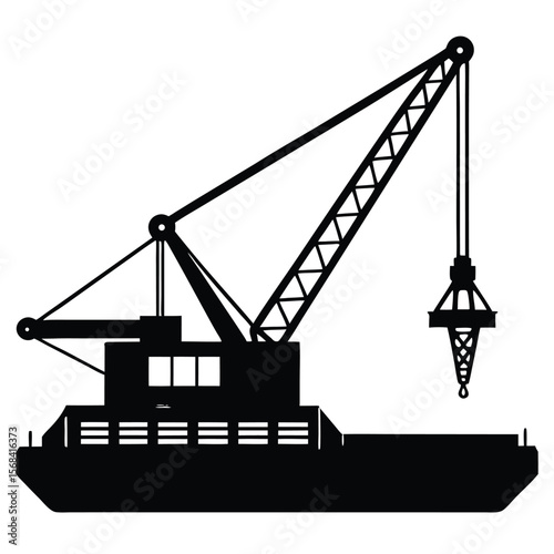 Black silhouette of a large crane on a barge vessel maritime