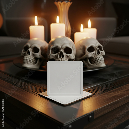 Spooky Halloween Still Life Blank White Coaster on Dark Table Skulls Lit Pillar Candles on Black Tray Eerie Inviting Ambiance in Dark Room