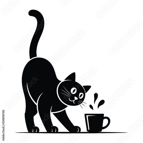 Black and white vector of a mischievous cat knocking over a coffee mug from a desk in a playful and defiant gesture
