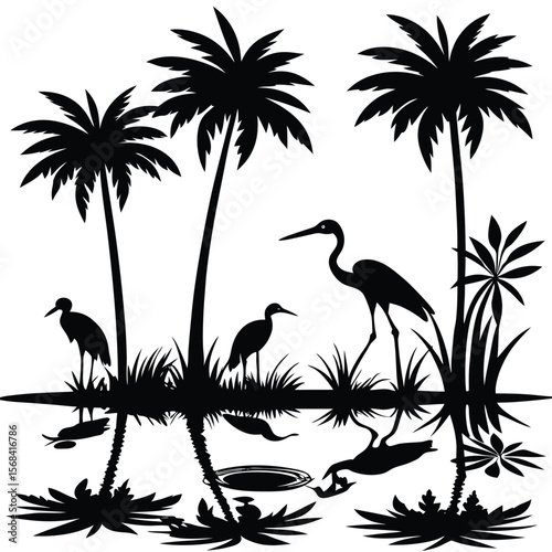 Black silhouette tropical palm trees and wading birds reflected in water vector