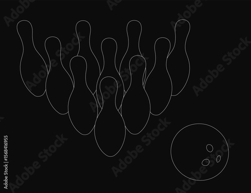 A black and white bowling ball smashes into pins, creating a dramatic contrast. The pins are arranged in a triangular formation, slightly blurred to convey motion.