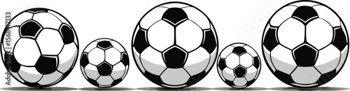 Row of five classic black and white soccer balls of varying sizes