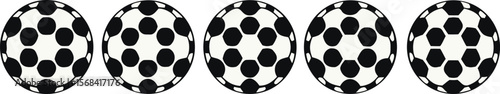 Row of five black and white soccer ball halves against white background