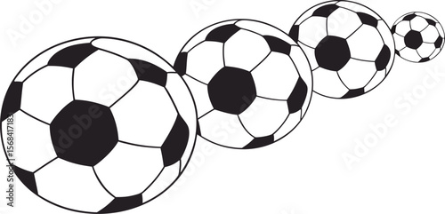 Row of classic black and white soccer balls in increasing size on white background