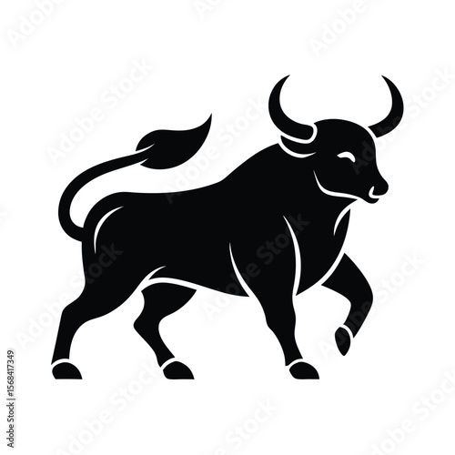 Powerful stylized black bull charging forward with curved horns and flowing tail silhouette