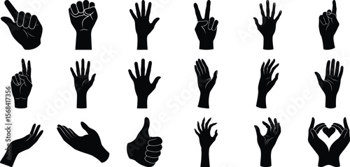 Set of various black silhouette hands. Vector collection of hands of different gestures. Minimal style for logos, prints, designs, illustrations, vector on white background.