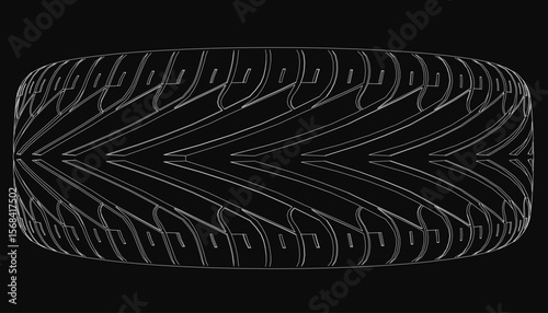 Black and white line drawing of a car tire stands out against a dark background. The stark contrast highlights the tire's detailed tread pattern and circular shape.