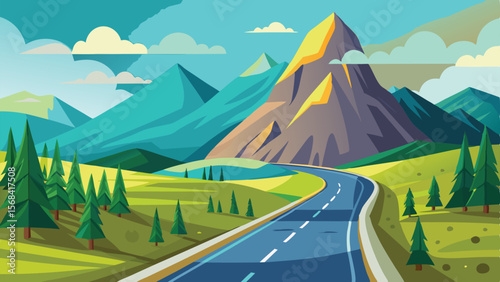 Scenic Road Through Mountains with Evergreen Trees and Cloudy Sky Cartoon Landscape