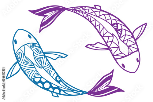 decorative stylized fish shapes, minimal design, abstract geometric, vivid blue and purple colors, graphic art style, simple line art, icon set