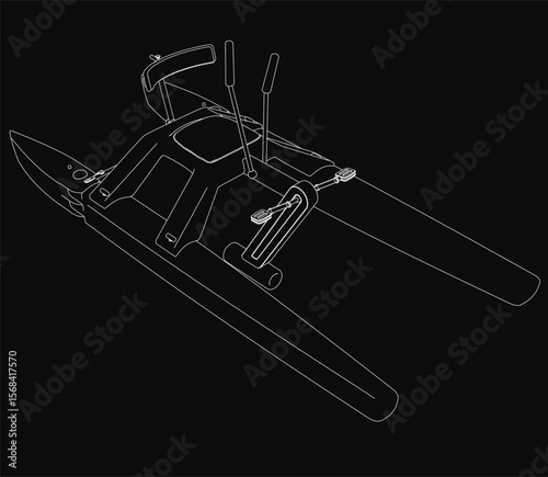 A black and white catamaran drawing stands out with crisp white outlines against a dark background. The minimalist design highlights the boat's sleek structure and twin hulls.
