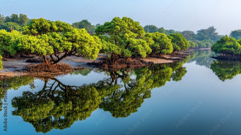 Fototapeta premium Serene coastal mangrove forest at dawn, soft golden light through dense foliage, mist over calm water, lush canopy, International Day for Mangrove Conservation