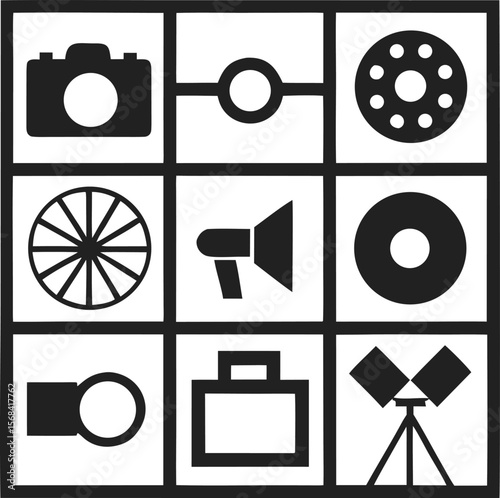 Collection of black and white icons representing photography and film production equipment