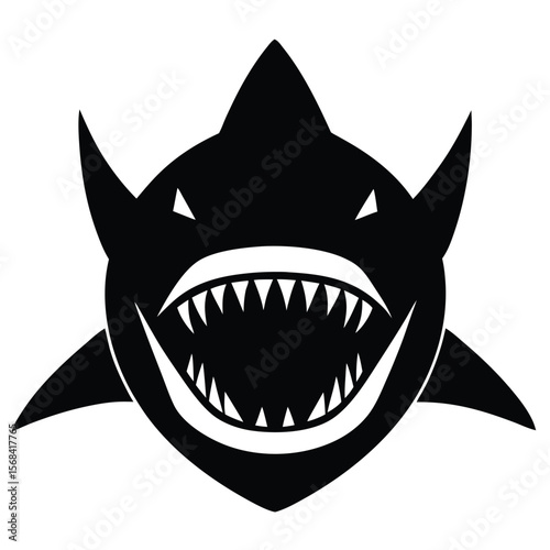 Stylized black shark head with sharp teeth and angry eyes white illustration