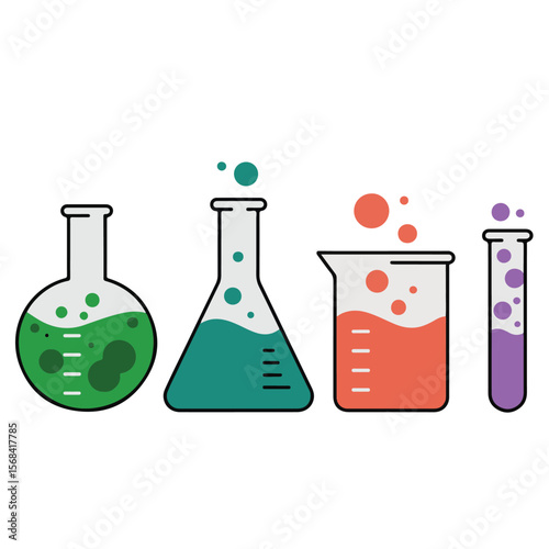 Colorful liquids in various laboratory glassware, including flasks, beakers, and test tubes, signify chemical experiments and scientific research