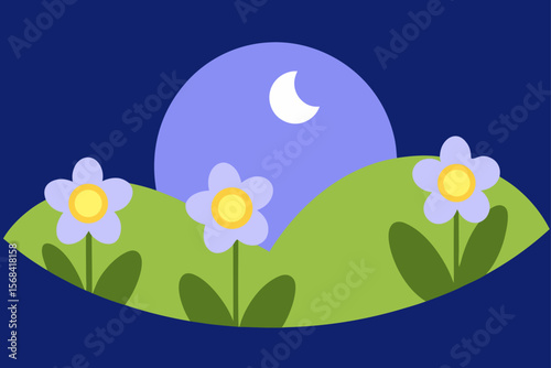 Wholesome Night Nature Scene With Floral Hillscape
