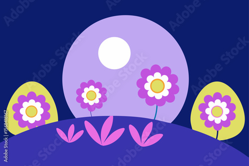 Wholesome Night Nature Scene With Floral Hillscape