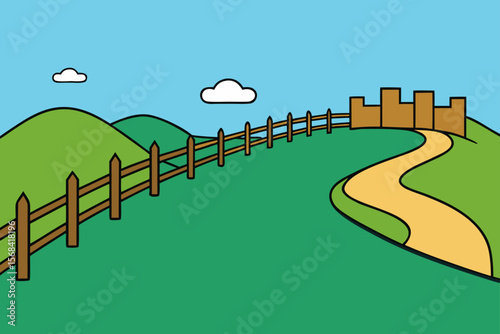 Village Path With Rustic Fence Green Meadows A