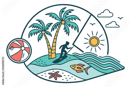 summer, vacation, beach, travel, sun, tropical, island, swimming, surfing, snorkeling, adventure, holiday, relaxation, leisure, fun, colorful, vibrant, icon, illustration, minimalist, flat design