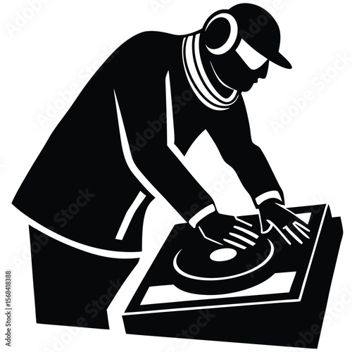 Stylized black silhouette of a dj wearing headphones and a cap white