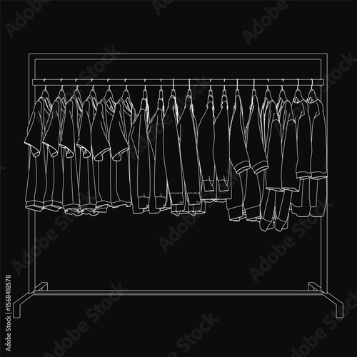 Clothes hang neatly on a simple rack with clean lines, drawn in black and white. The minimalist illustration features shirts, pants, and dresses against a dark background.