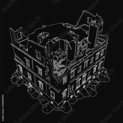 A destroyed building in black and white, with broken windows and scattered debris, stands in disrepair against a dark background. The crumbling structure evokes a sense of abandonment and decay.