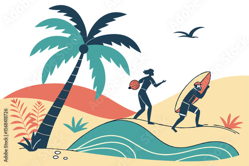 summer, vacation, beach, travel, sun, tropical, island, swimming, surfing, snorkeling, adventure, holiday, relaxation, leisure, fun, colorful, vibrant, icon, illustration, minimalist, flat design