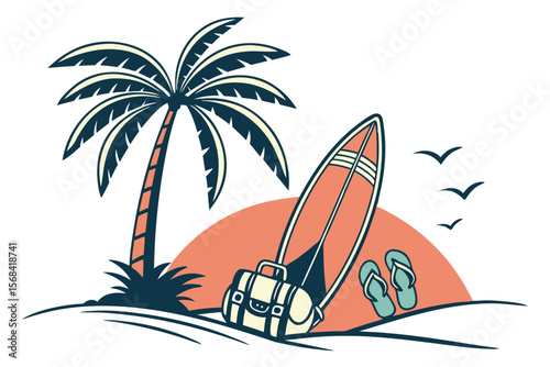 summer, vacation, beach, travel, sun, tropical, island, swimming, surfing, snorkeling, adventure, holiday, relaxation, leisure, fun, colorful, vibrant, icon, illustration, minimalist, flat design