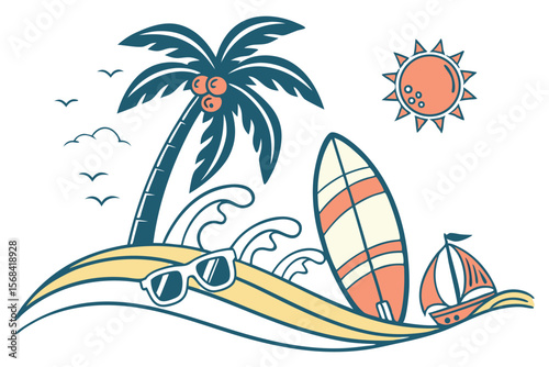 summer, vacation, beach, travel, sun, tropical, island, swimming, surfing, snorkeling, adventure, holiday, relaxation, leisure, fun, colorful, vibrant, icon, illustration, minimalist, flat design