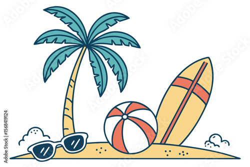 summer, vacation, beach, travel, sun, tropical, island, swimming, surfing, snorkeling, adventure, holiday, relaxation, leisure, fun, colorful, vibrant, icon, illustration, minimalist, flat design