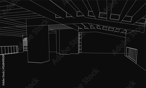 A black and white 3D model drawing of a spacious hangar with numerous large windows, showcasing architectural precision. The clean lines and geometric design highlight the industrial aesthetic.