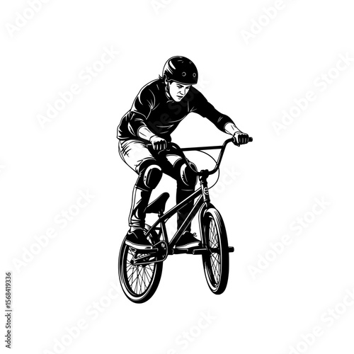 Dynamic silhouette of a bmx rider performing a trick on a bicycle with protective gear isolated on transparent background