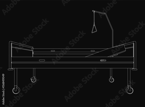 A detailed black and white drawing of a hospital bed with a lamp positioned above it. The bed frame, headboard, and footboard are clearly visible, creating a realistic depiction.