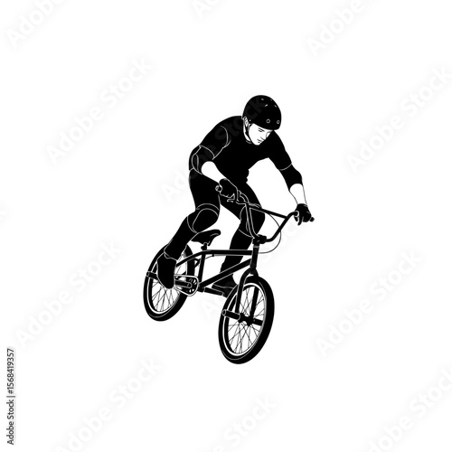 Dynamic silhouette of a bmx rider performing a trick on a bicycle with protective gear isolated on transparent background