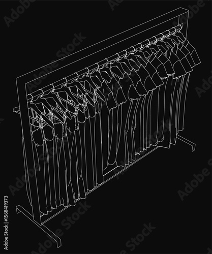 A 3D model of a clothes rack displays various dresses on neatly arranged hangers. The garments feature different colors and styles, creating a visually appealing composition.
