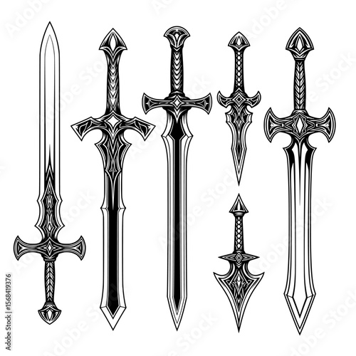Collection of seven ornate fantasy swords and daggers with intricate details and varied blade shapes presented as a silhouette isolated on transparent background