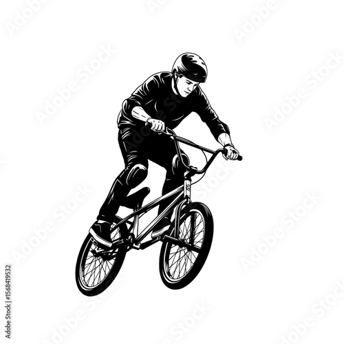 Dynamic silhouette of a bmx rider performing a trick on a bicycle with protective gear isolated on transparent background