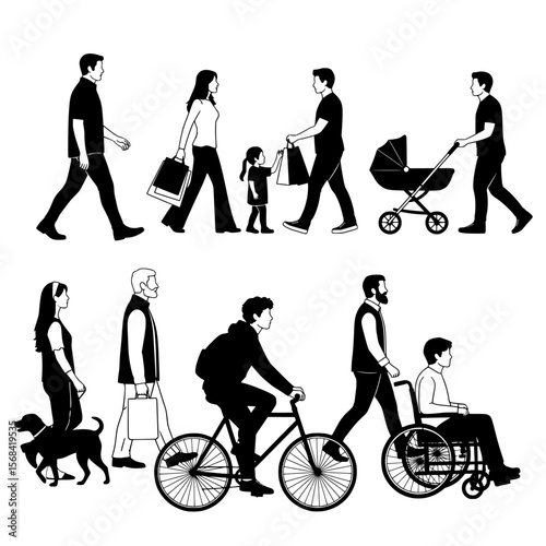 Diverse group of people walking cycling and pushing a stroller and wheelchair a dog on a leash all depicted in a clean silhouette style isolated on transparent background