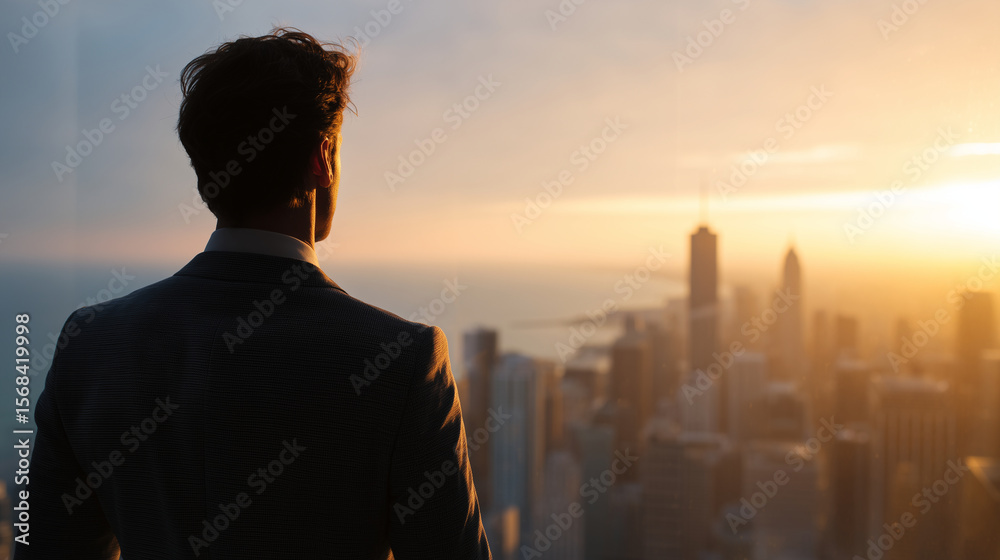 Fototapeta premium Rear view of confident CEO in tailored suit overlooking city skyline at dawn from luxury office, symbolizing ambition and vision for the future CEO lifestyle, ambition, leadership