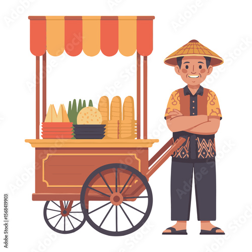 Cartoon vector illustration of an old disabled farmer in a three wheeler with a cart full of vegetables