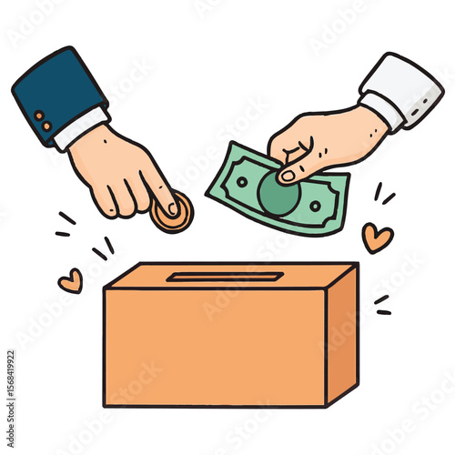 Donate money vector illustration. Charity, donation concept. Hand is putting a banknote into a donation box.
