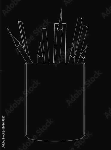 A black and white illustration of a pencil cup overflowing with sharpened pencils. The cup is filled to the brim, creating a neat yet abundant look. The background is solid black for high contrast.